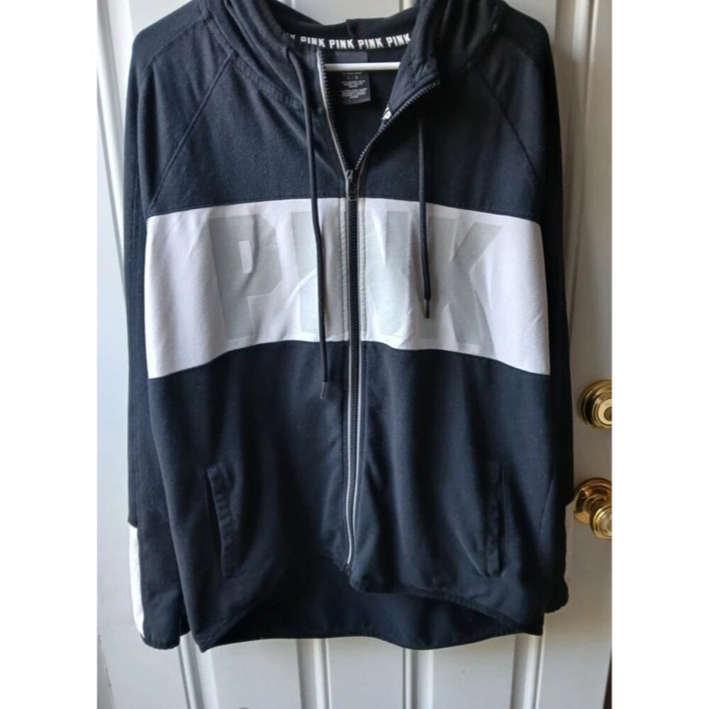 PINK Victoria's Secret Black and White Women's Large Zip-Up Hoodie